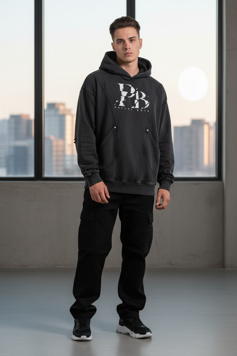 Pallet Boys Snow Washed Distressed Panel Pocket Hoodie